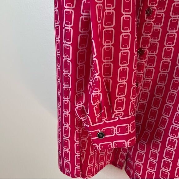 Elementz Blouse Size 2X Pink White Geometric Button Down Long Sleeves Roll-tab - Picture 3 of 6